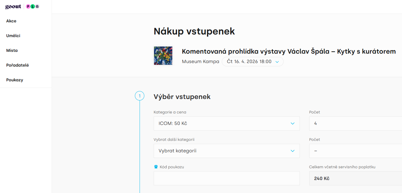 GoOut – nákup 4 vstupenek za 200 Kč, servisní poplatek 40 Kč.