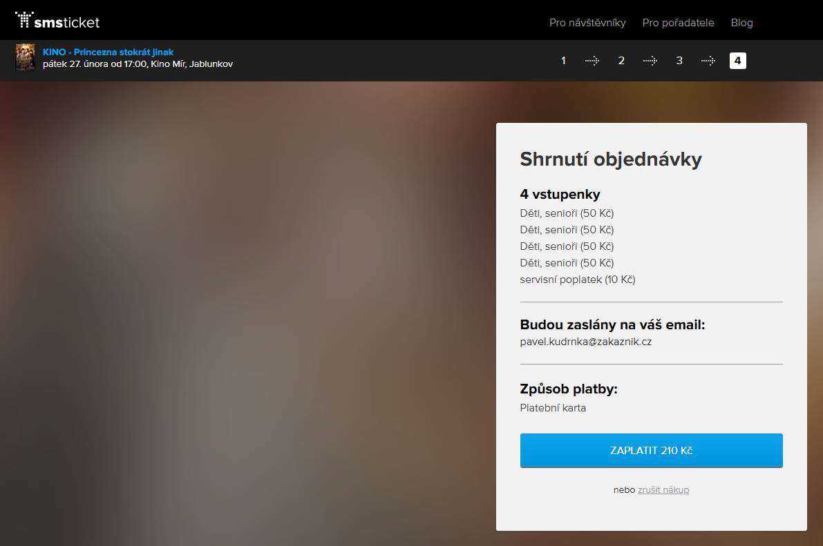 Nákup 4 vstupenek za cenu 200 Kč na smsticketu. Poplatek pro návštěvníka je 10 Kč